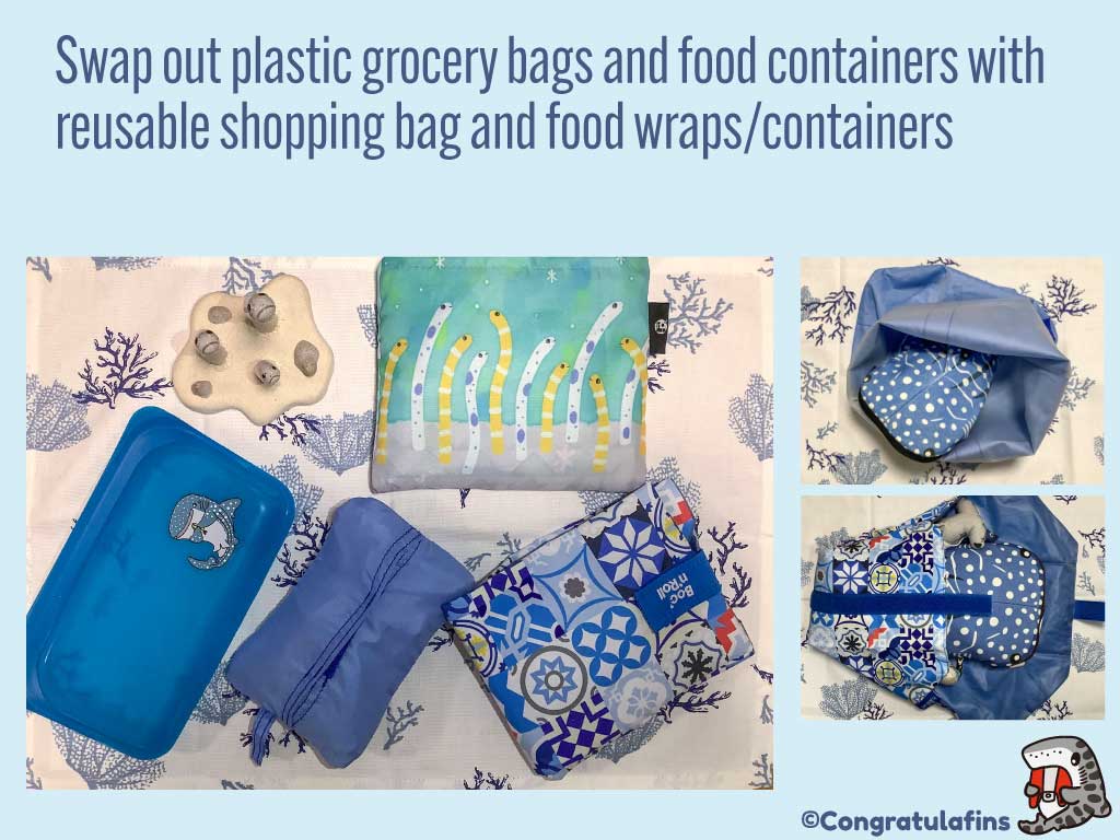 Use reusable food wraps, food containers, and silicone bags when grocery shopping or ordering take-out