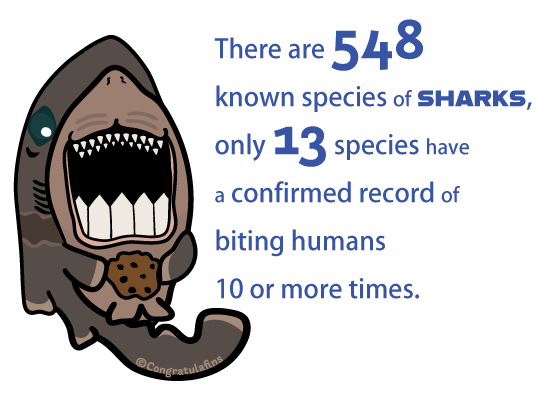 There are 548 species of shark, only 13 species have 10 or more recorded human bites